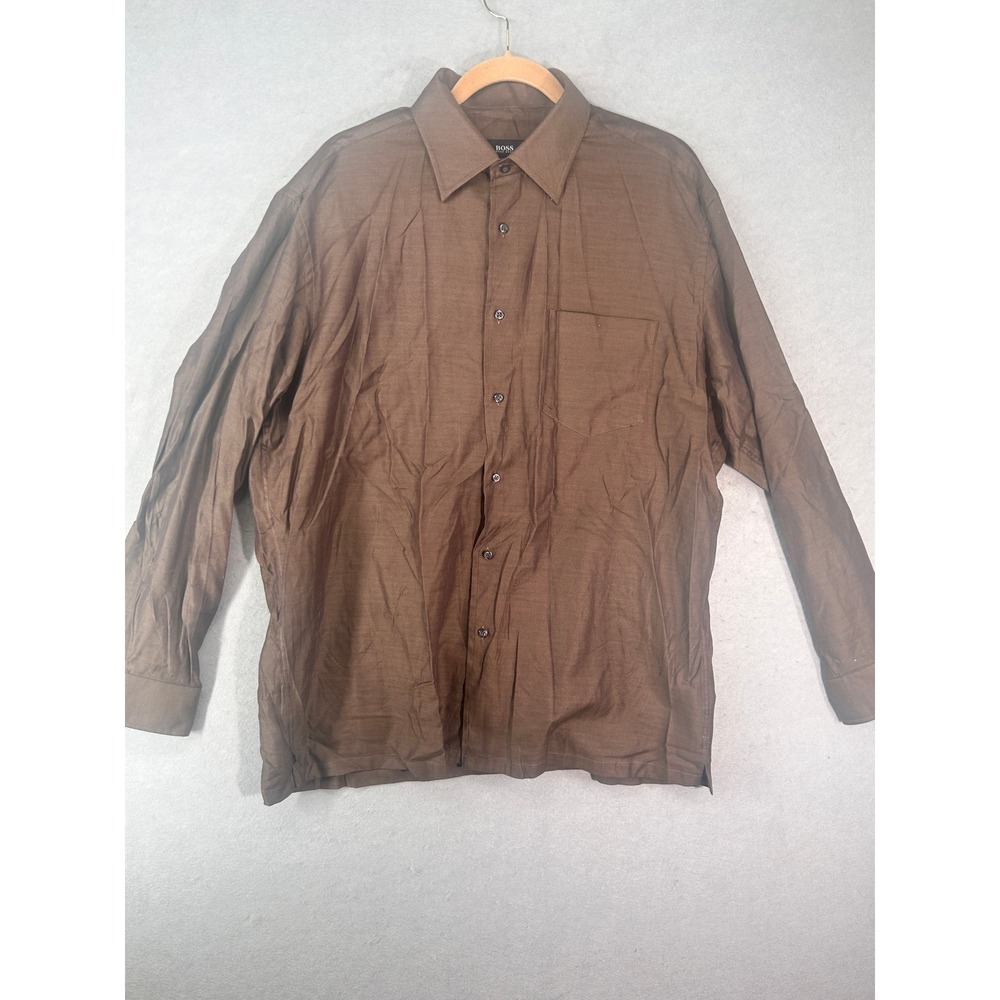 Hugo Boss Mens 17 34/35 Brown Cotton Twill Long Sleeve Button Down Shirt Pocket